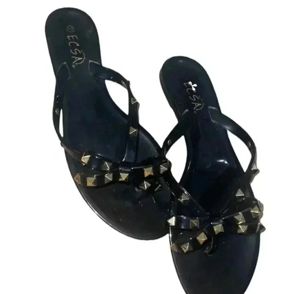Black Flip Flops with Gold Sequined Bows - Picture 4 of 7